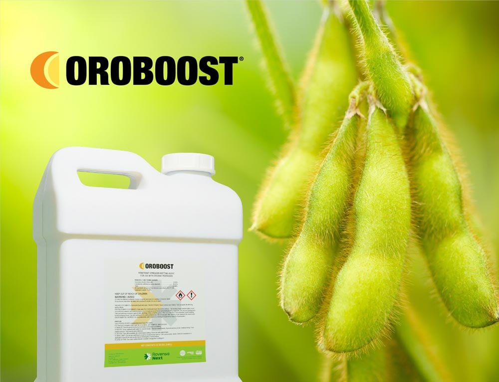 OROBOOST® logo with a product jug and pods of soybeans.